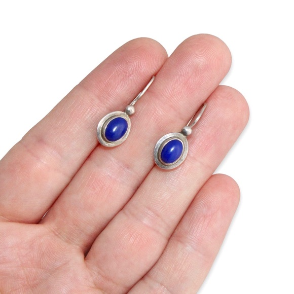 Vintage Lapis Lazuli Sterling Silver Drop Earrings Oval Cabochon Kidney Back - Picture 4 of 4